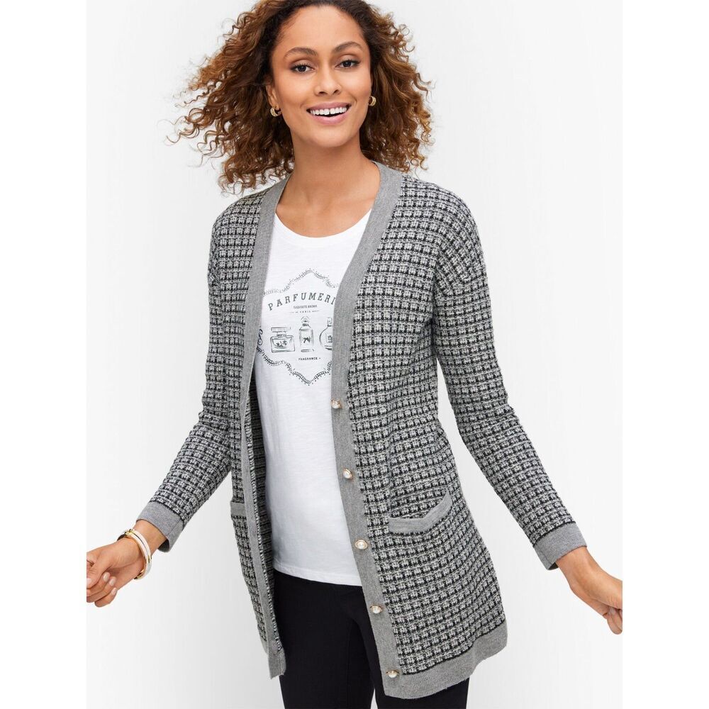 Talbots Grey Mini Plaid 100% Merino Wool Pearl Button Cardigan Sweater Large